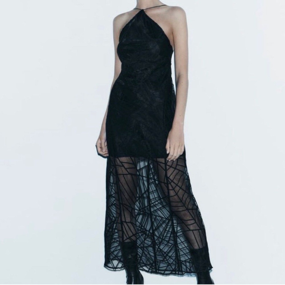 New Zara Women Long Black Pattern Sheer Halter Dress Size XL